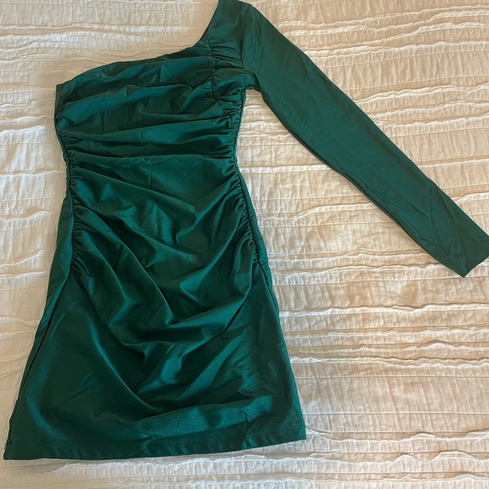 Honey and Rosie Green Ruched One Shoulder Dress